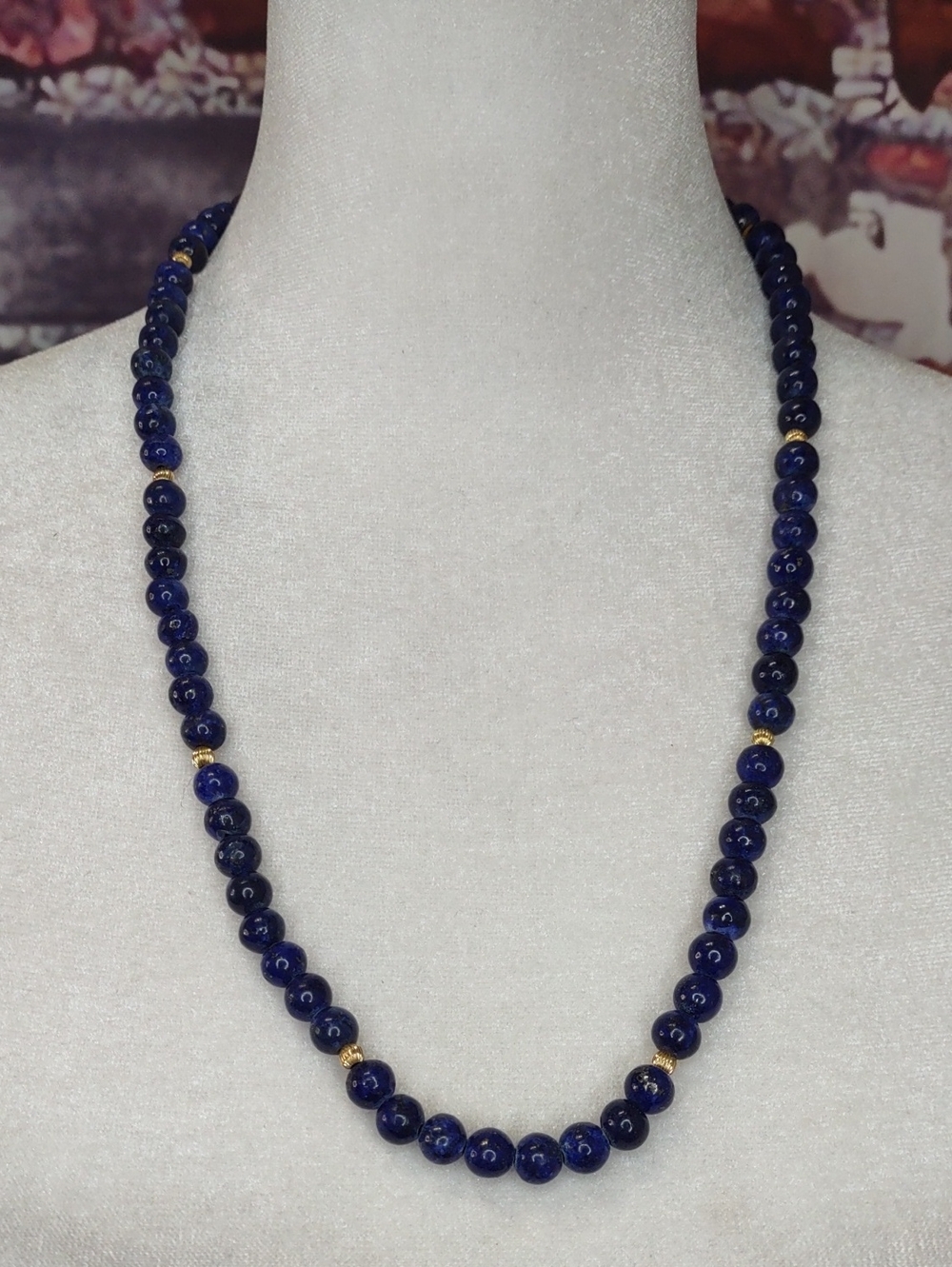 Artisan Crafted Lapis Bead Necklace with Gold Accents